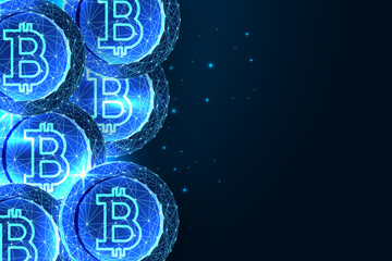 Bitcoin coins banner in futuristic glowing style on blue background. Virtual cryptocurrency.