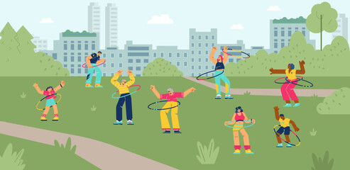 People in city park spinning hula hoop, group outdoor exercises - flat vector illustration.