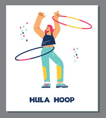 Hula hoop sport and fitness equipment banner cartoon vector illustration.