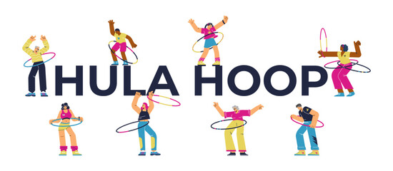 Hula hoop banner header with cartoon people flat vector illustration isolated. © Kudryavtsev