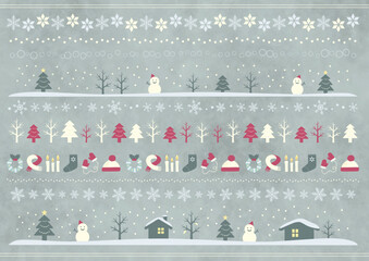 雪だるまと冬景色のイラスト飾り罫