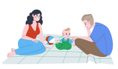 Young parents with a child are sitting on a blanket. The kid sits in nature with mom and dad. Family vacation in nature. Flat vector illustration. Eps10