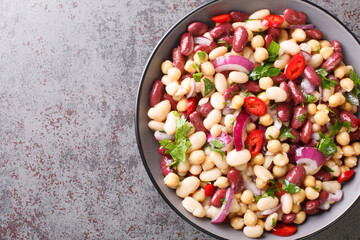 Delicious vegetable salad three beans with chili peppers and red onions close-up in a bowl on the...