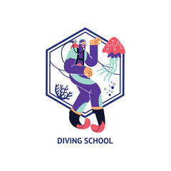 Diving school icon design with character swimming underwater, flat vector illustration isolated on white background.