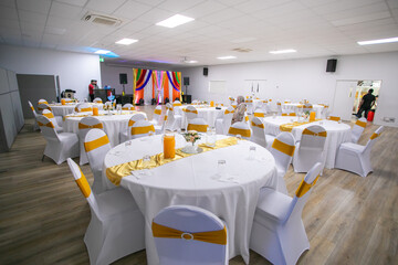 Indian wedding reception restaurant interiors, tables, chairs