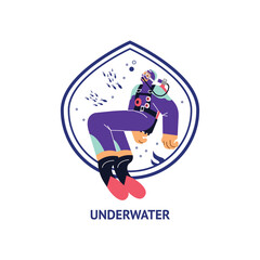 Scuba diving icon design, character swimming underwater with fishes, flat vector illustration isolated on white.