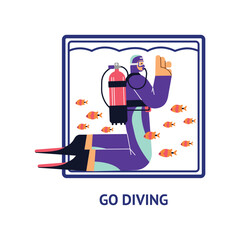 Diving sport activity banner or poster mockup with diver vector illustration.