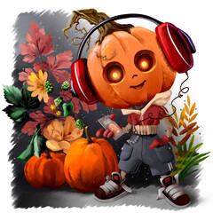 Pumpkin Halloween music lover. Watercolor drawing - 530497709