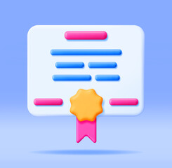 Obraz premium 3D Certificate Icon with Stamp and Ribbon Isolated. Render White Diploma with Badge. Diploma or Accreditation. Voucher or Invitation. Business Graduation Concept. Vector Illustration