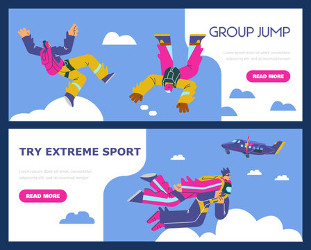 People jumping with parachutes, skydiving web banners set, flat vector illustration.