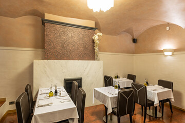 Interior of a hotel restaurant with marble floor