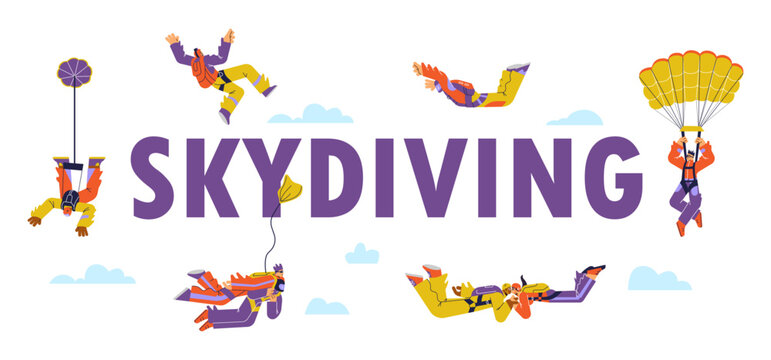 Skydiving typographic header with people jumping with parachute, flat vector illustration on white background.
