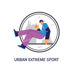 Parkour icon with teenager performing tricks in urban space, flat vector illustration isolated on white background.