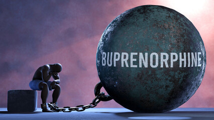 Buprenorphine that limits life and make suffer, imprisoning in painful condition. It is a burden that keeps a person enslaved in misery.,3d illustration - obrazy, fototapety, plakaty
