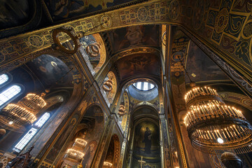 Interior of the famous St. Volodymyr Cathedral with icons and painting frescoes on the wall in Kyiv, Ukraine