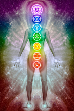 Illustration of a human body aura with the seven main chakras
