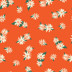 Daisy Flowers seamless vector pattern. Autumn florals orange fall background with white beige daisies. Floral repeating pattern for Thanksgiving fabric, gift wrap, autumn home decor, ditsy print.