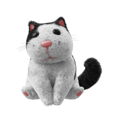 Fat fluffy toy cat is sitting on white transparent background. A cat with black and white spots, black eyes and a pink nose. 3d render illustration.	
