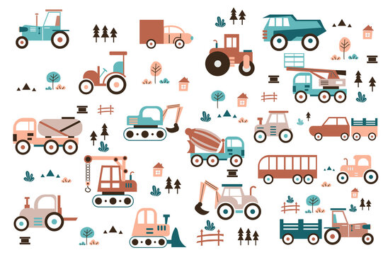 Transport and construction machinery cute set in flat cartoon design. Bundle of tractor, truck, dump, crane, excavator, concrete mixer, forklift, car and other. Illustration isolated elements
