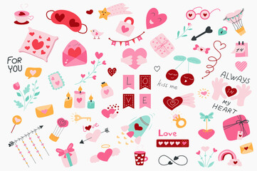 Valentines day cute set in flat cartoon design. Bundle of heart, cup, sleep mask, padlock, glasses, cupid arrow, gift, candy, cherry, calendar, flower and other. Illustration isolated elements