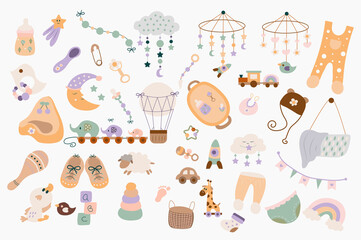 Newborn baby items cute set in flat cartoon design. Bundle of bottle, baby module, clothes, bib, pacifier, shoes, diapers, pants, toys, pyramid, hat and other. Illustration isolated elements