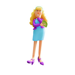 3D illustration. 3D Cartoon Business Woman Holding Money. have a lot of money in hand. showing a happy laughing expression. 3D Cartoon Character