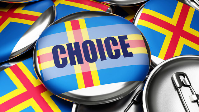 Choice in Aland Islands - national flag of Aland Islands on dozens of pinback buttons symbolizing upcoming Choice in this country. ,3d illustration