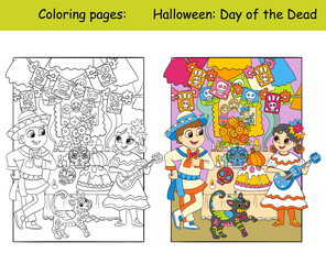 Coloring and color Halloween Day of the Dead vector