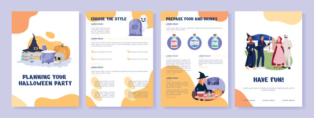 Planning Halloween party flat vector brochure template. Booklet, leaflet printable flat color designs. Editable magazine page, reports kit with text space. Nerko One, Quicksand, Comfortaa fonts used