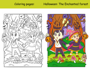 Obraz na płótnie Canvas Coloring and color Halloween kids in forest vector illustration