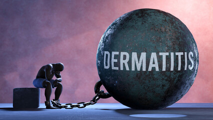 Dermatitis that limits life and make suffer, imprisoning in painful condition. It is a burden that keeps a person enslaved in misery.,3d illustration - obrazy, fototapety, plakaty