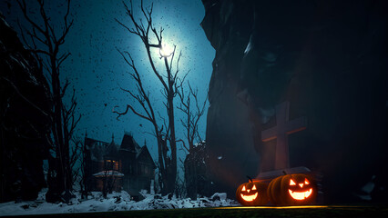 happy halloween night scene background with pumpkins