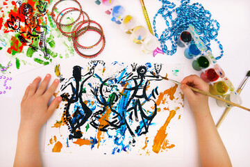 Child creativity. Painting with mixed media with abstract lines paints, abstract silhouettes...