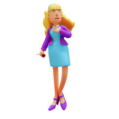 3D illustration. Business Woman 3D character holding a rose. hands are on the chest. showing a sweet smile. 3D Cartoon Character