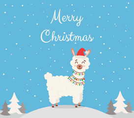 Christmas and New Year greeting card template design with alpaca and gift boxes and winter elements. Postcard, brochures, invitation template. Vector illustration. © VctAn