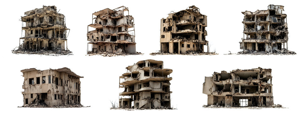 set of ruined houses, post-apocalyptic buildings isolated on white background