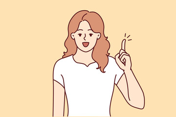 Smiling young woman hold finger up develop good idea. Happy motivated female generate issue solve problem. Vector illustration. 