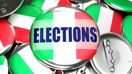 Italy and Elections - dozens of pinback buttons with a flag of Italy and a word Elections. 3d render symbolizing upcoming Elections in this country.,3d illustration
