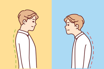 Comparison of man with good and bad back posture. Male suffer from scolisosis from sedentary work. Vector illustration. 