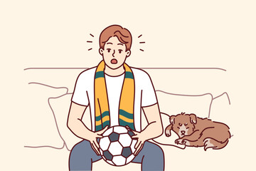 Young man sit on couch watching football game at home. Male sport fan with ball in hands enjoy match indoors. Vector illustration. 