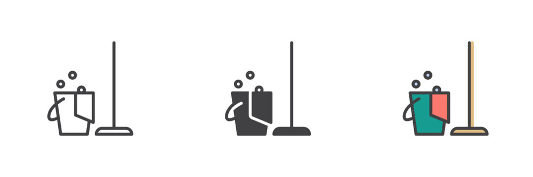 Mop and bucket different style icon set