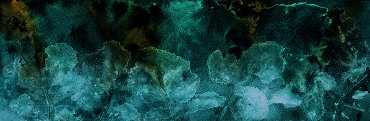 Abstract Nature background. Abstract blue leaves silhouettes on spotted dark textured background. Watercolor painting on textured paper.
