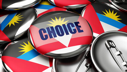 Choice in Antigua and Barbuda - national flag of Antigua and Barbuda on dozens of pinback buttons symbolizing upcoming Choice in this country. ,3d illustration