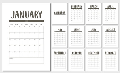 Vector Calendar for 2023 Year. Set of 12 Months. Week Starts Sunday. Stationery Design for Printable.