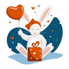 Valentine's Day and a cute bunny. White bunny with heart balloon and gift box. Trendy valentines day print for greeting cards, banners, posters, web, wrapping, packaging, clothing