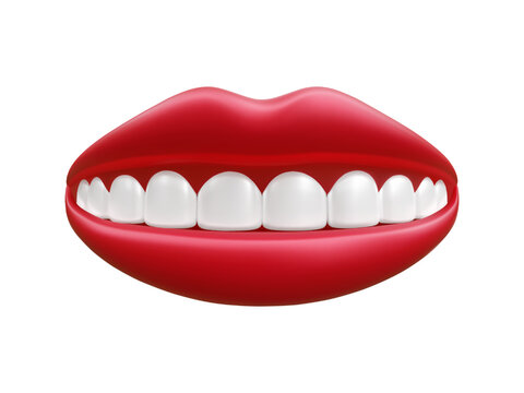Realistic mouth with red lips and white teeth isolated on white background. Vector illustration