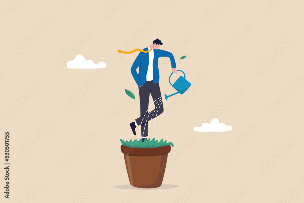 Wall mural Personal development, self improvement or career growth, coaching or training to success, motivation to growing, develop skill or attitude concept, confidence businessman watering self on plant pot.