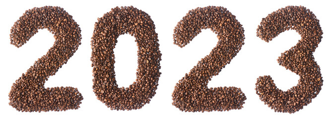 The figures of 2023 from coffee beans on a white isolated background