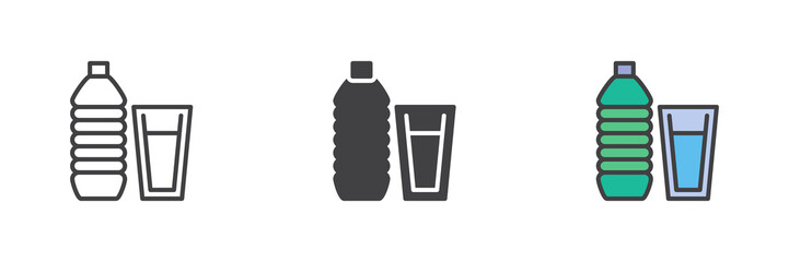 Water bottle and glass different style icon set