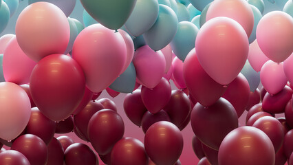 Modern Birthday Wallpaper, with Magenta, Pink and Pastel Blue Balloons. 3D Render.